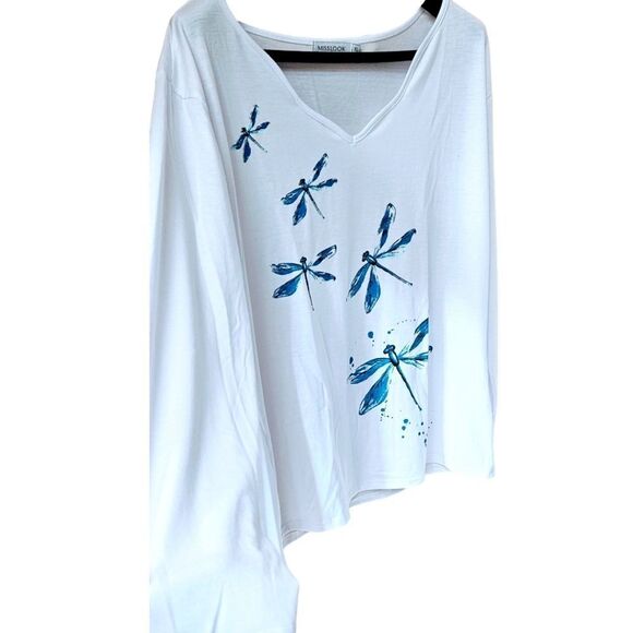 MISSLOOK Women's White LongSleeve Dragonfly detail V-Neck Shirt XL - Picture 6 of 12